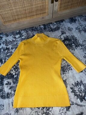 Polyester blend ribbed knit top, DKNY, mock neck with 3/4 sleeves